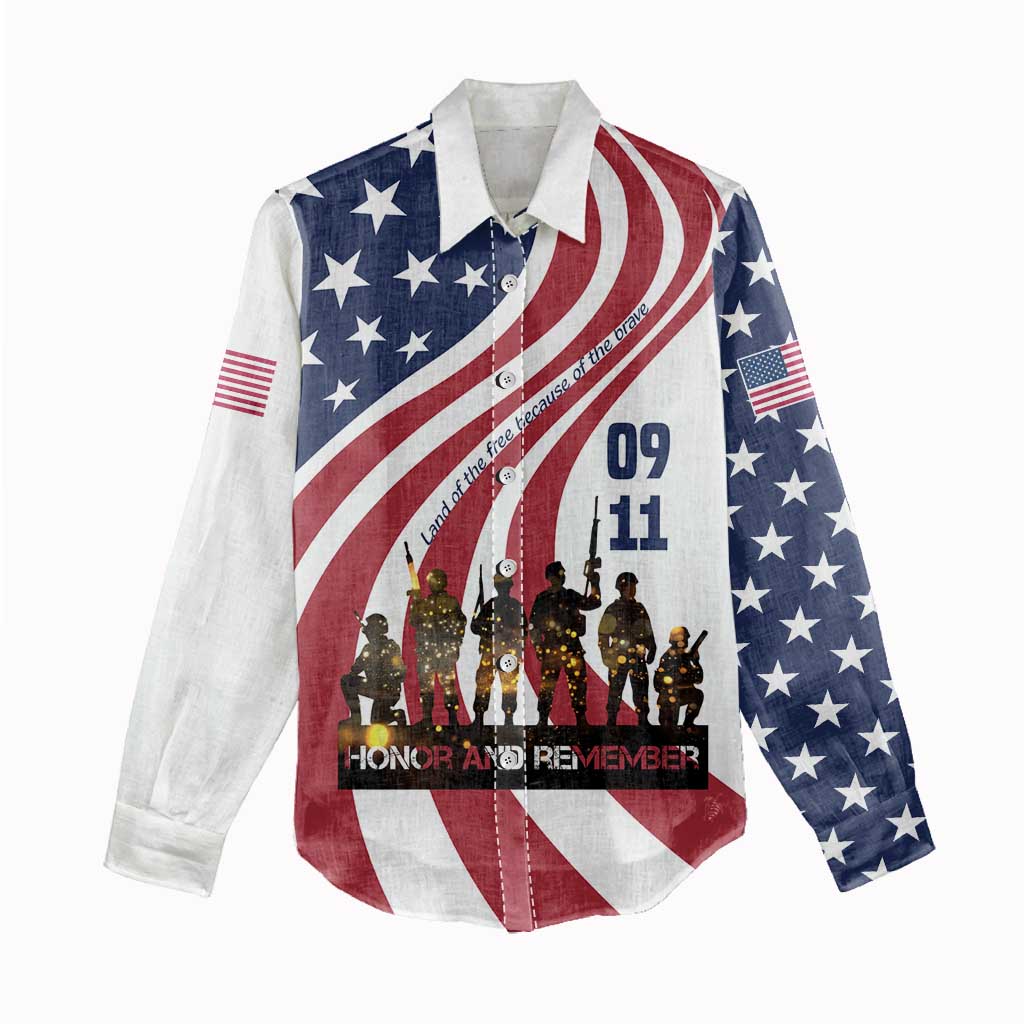 911 Memorial Women Casual Shirt Patriot Day American Flag and Soldier Silhouette Honor and Remember - Wonder Print Shop