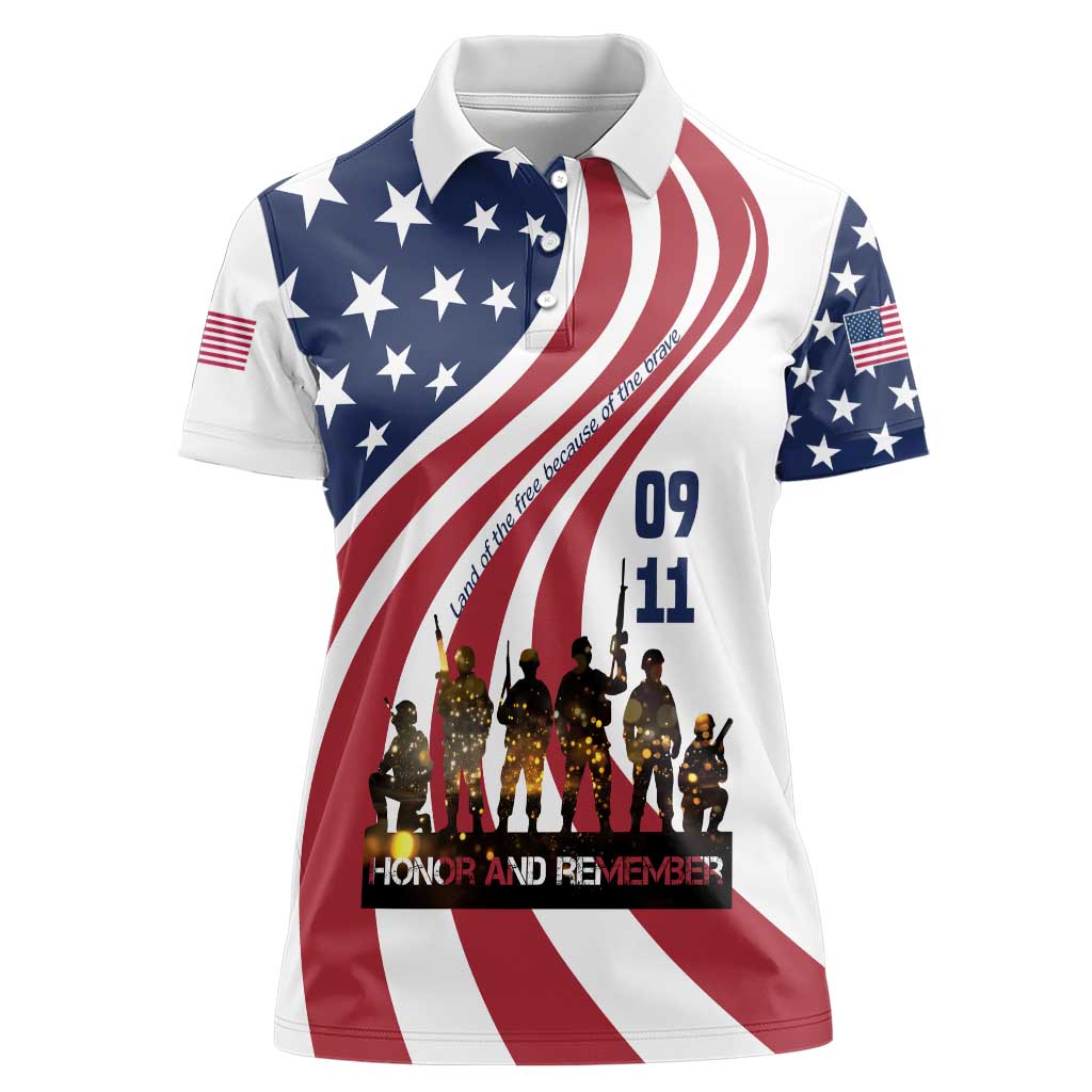 911 Memorial Women Polo Shirt Patriot Day American Flag and Soldier Silhouette Honor and Remember - Wonder Print Shop