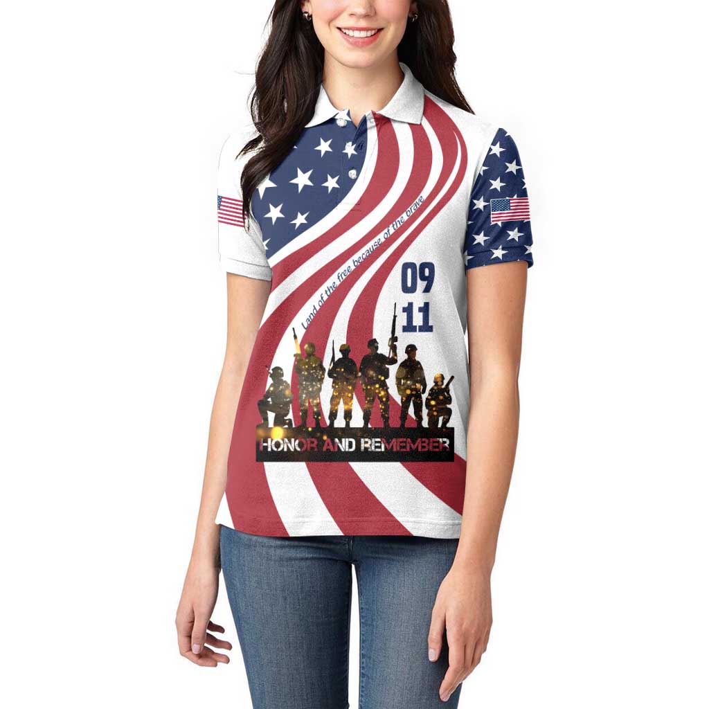 911 Memorial Women Polo Shirt Patriot Day American Flag and Soldier Silhouette Honor and Remember - Wonder Print Shop