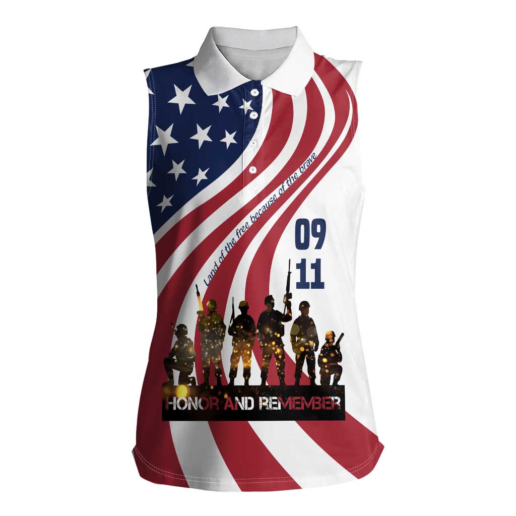 911 Memorial Women Sleeveless Polo Shirt Patriot Day American Flag and Soldier Silhouette Honor and Remember - Wonder Print Shop