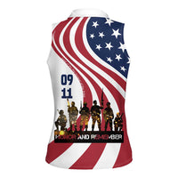 911 Memorial Women Sleeveless Polo Shirt Patriot Day American Flag and Soldier Silhouette Honor and Remember - Wonder Print Shop
