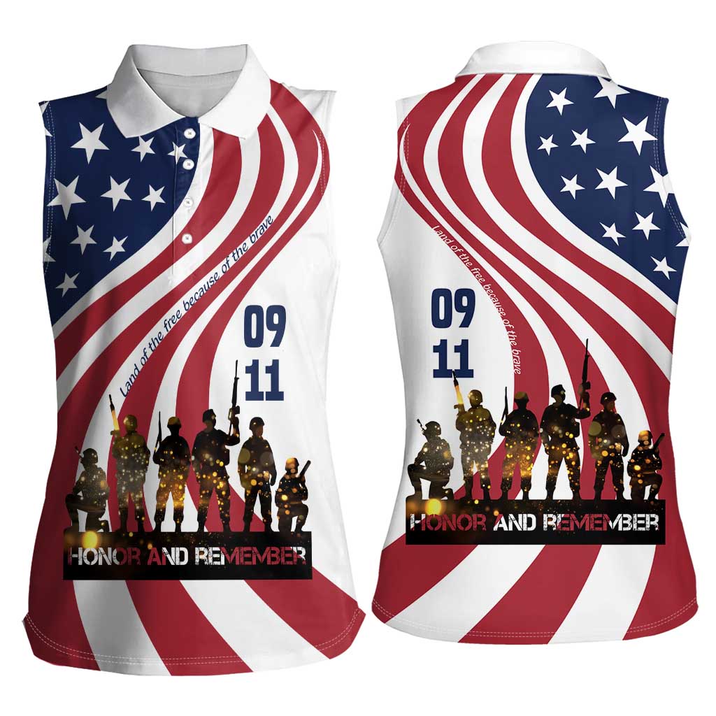 911 Memorial Women Sleeveless Polo Shirt Patriot Day American Flag and Soldier Silhouette Honor and Remember - Wonder Print Shop