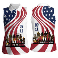 911 Memorial Women Sleeveless Polo Shirt Patriot Day American Flag and Soldier Silhouette Honor and Remember - Wonder Print Shop