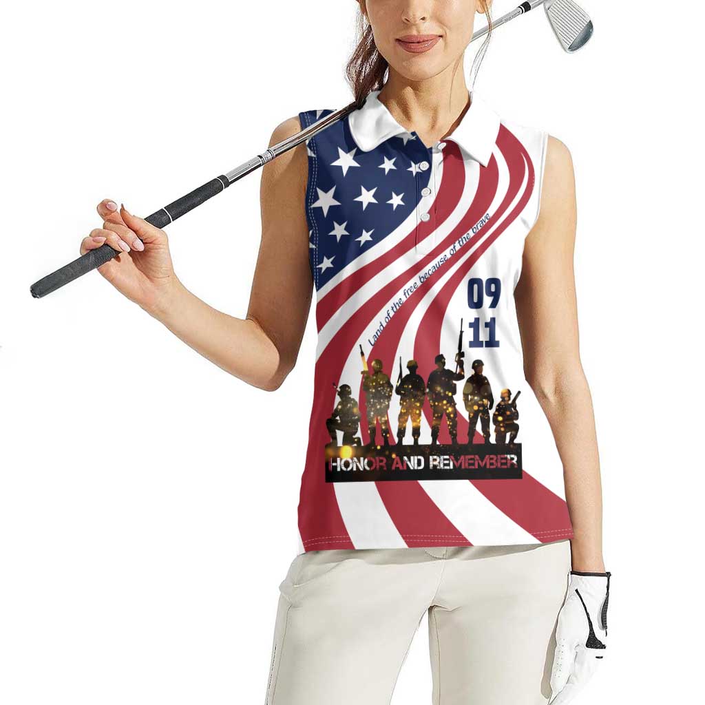 911 Memorial Women Sleeveless Polo Shirt Patriot Day American Flag and Soldier Silhouette Honor and Remember - Wonder Print Shop