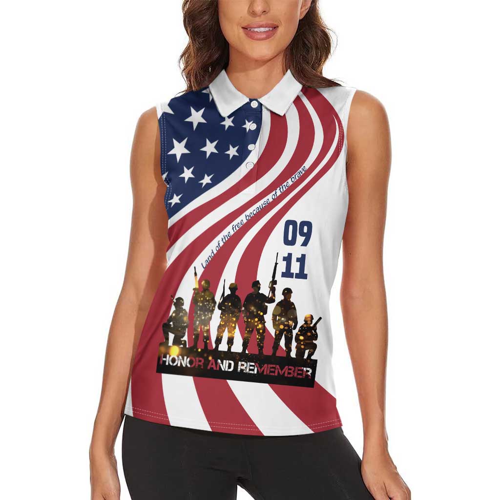 911 Memorial Women Sleeveless Polo Shirt Patriot Day American Flag and Soldier Silhouette Honor and Remember - Wonder Print Shop