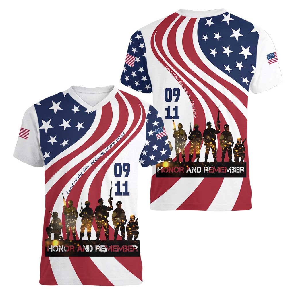 911 Memorial Women V-Neck T-Shirt Patriot Day American Flag and Soldier Silhouette Honor and Remember - Wonder Print Shop