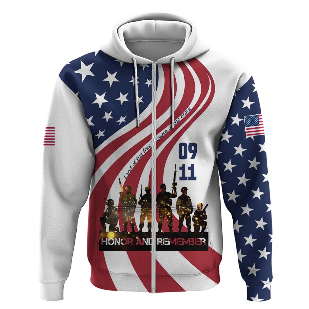 911 Memorial Zip Hoodie Patriot Day American Flag and Soldier Silhouette Honor and Remember - Wonder Print Shop