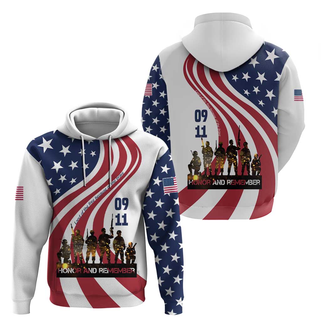 911 Memorial Zip Hoodie Patriot Day American Flag and Soldier Silhouette Honor and Remember - Wonder Print Shop