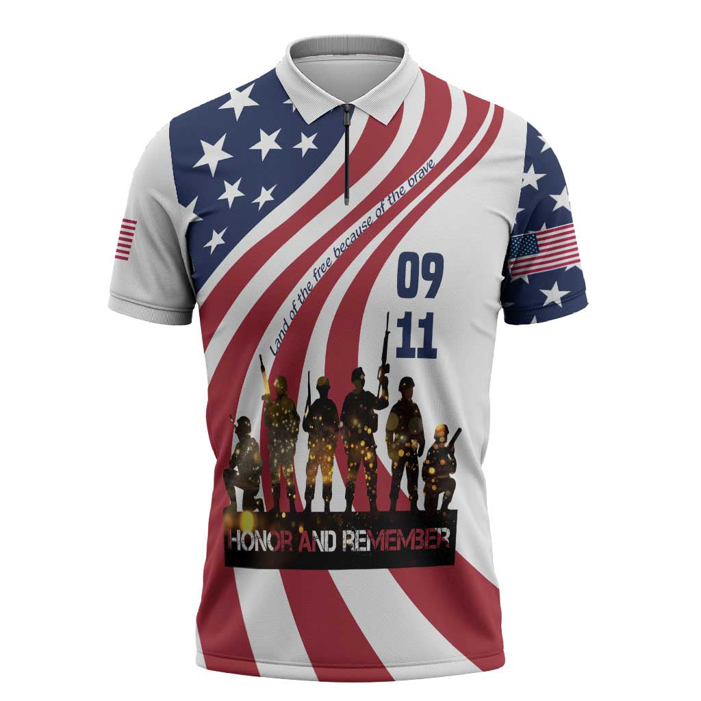 911 Memorial Zipper Polo Shirt Patriot Day American Flag and Soldier Silhouette Honor and Remember - Wonder Print Shop