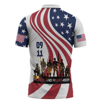911 Memorial Zipper Polo Shirt Patriot Day American Flag and Soldier Silhouette Honor and Remember - Wonder Print Shop