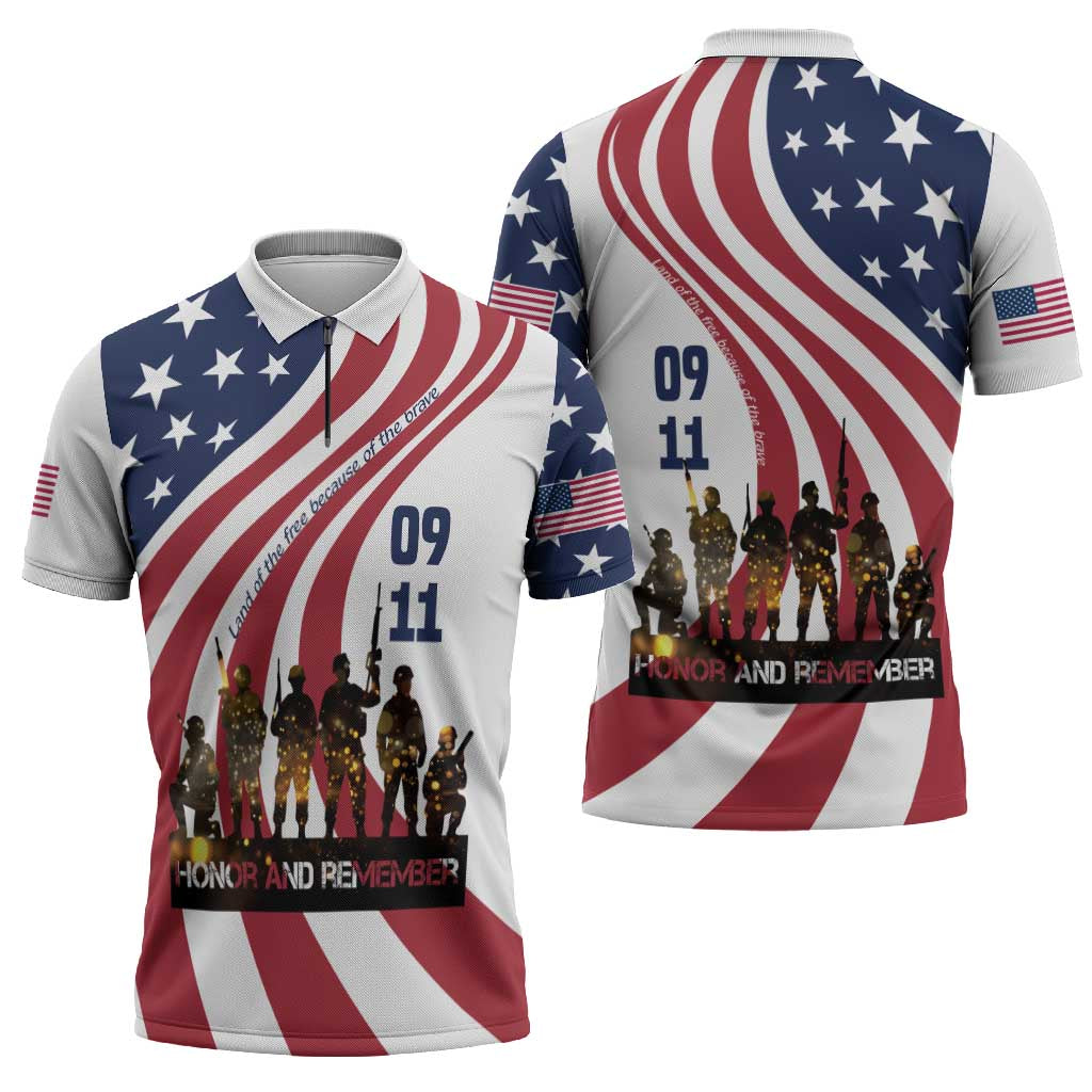 911 Memorial Zipper Polo Shirt Patriot Day American Flag and Soldier Silhouette Honor and Remember - Wonder Print Shop
