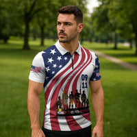 911 Memorial Zipper Polo Shirt Patriot Day American Flag and Soldier Silhouette Honor and Remember - Wonder Print Shop