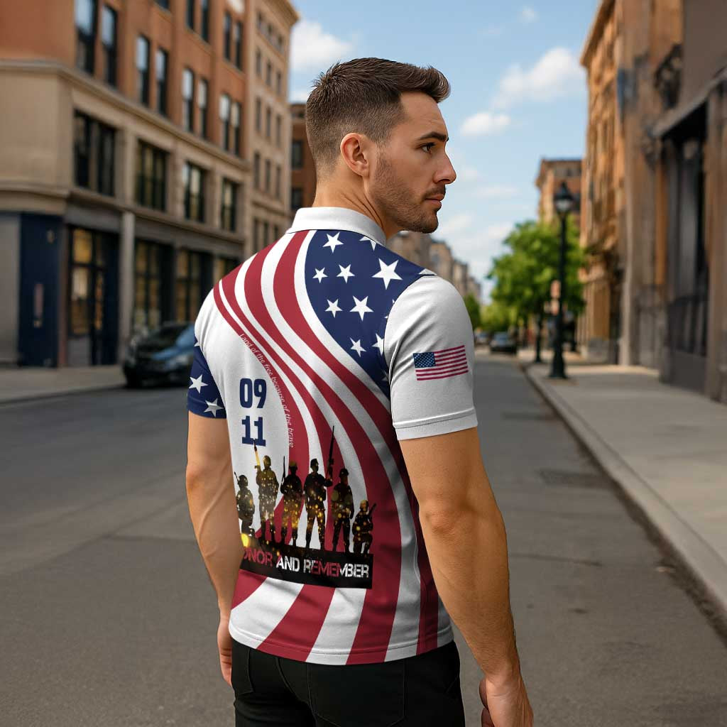 911 Memorial Zipper Polo Shirt Patriot Day American Flag and Soldier Silhouette Honor and Remember - Wonder Print Shop