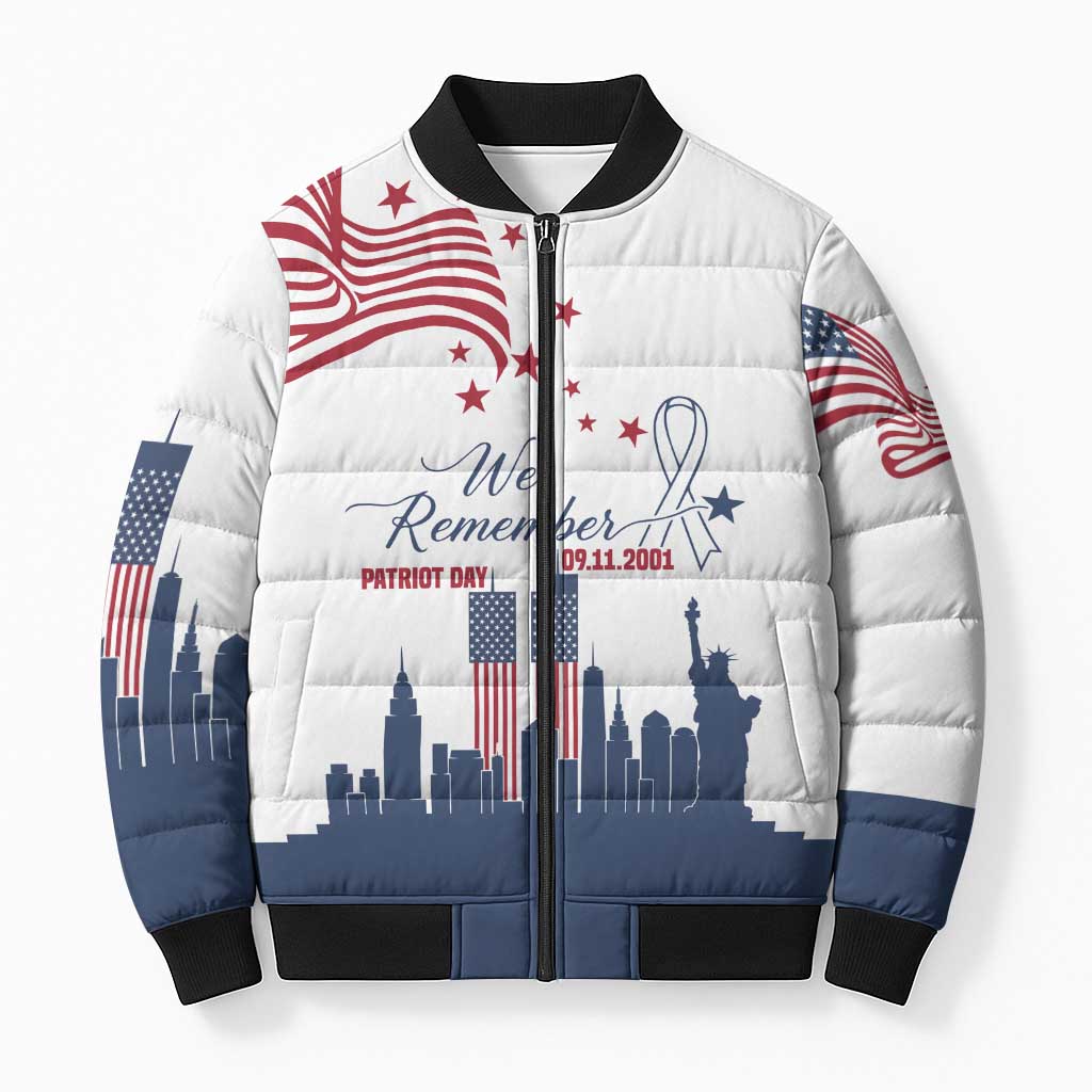 Patriot Day 911 Memorial Bomber Puffer Jacket American Flag and New York City Skyline Design - Wonder Print Shop