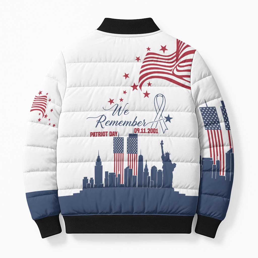 Patriot Day 911 Memorial Bomber Puffer Jacket American Flag and New York City Skyline Design - Wonder Print Shop