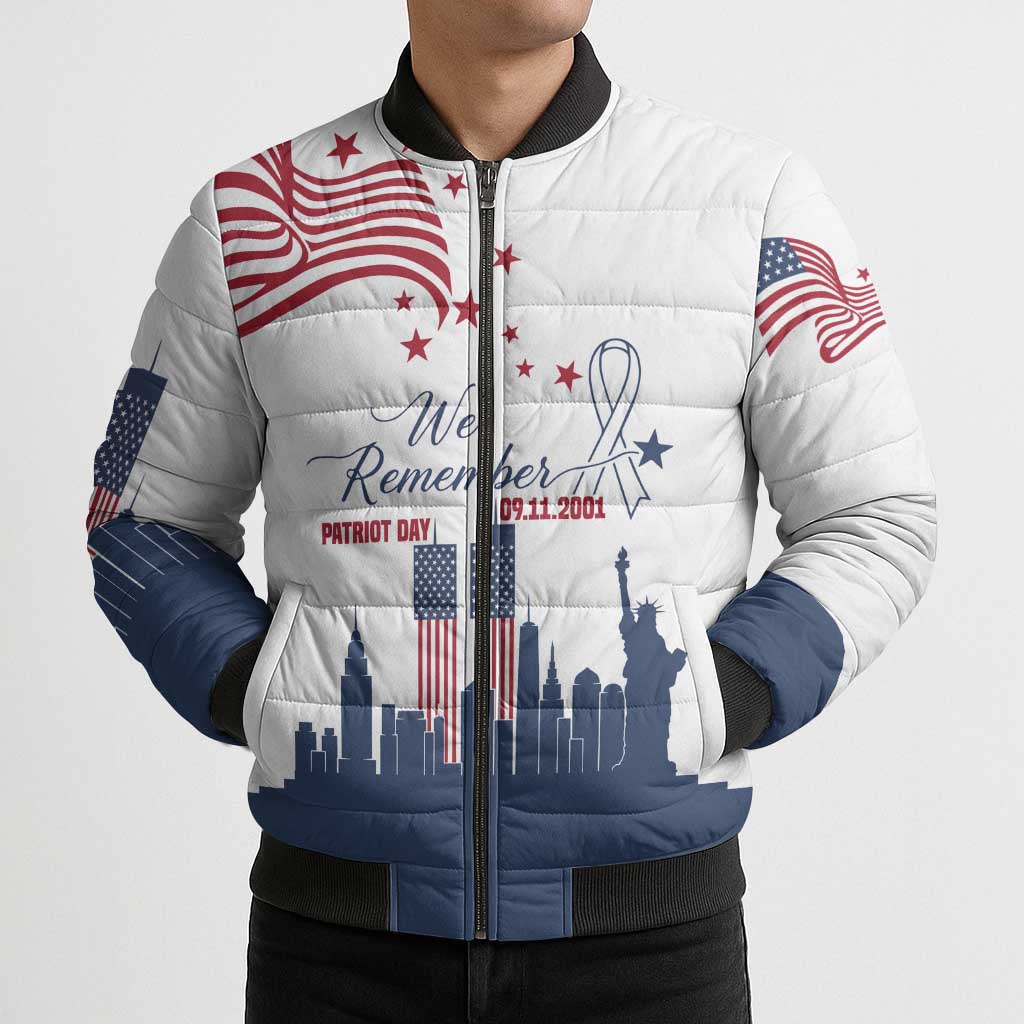 Patriot Day 911 Memorial Bomber Puffer Jacket American Flag and New York City Skyline Design - Wonder Print Shop