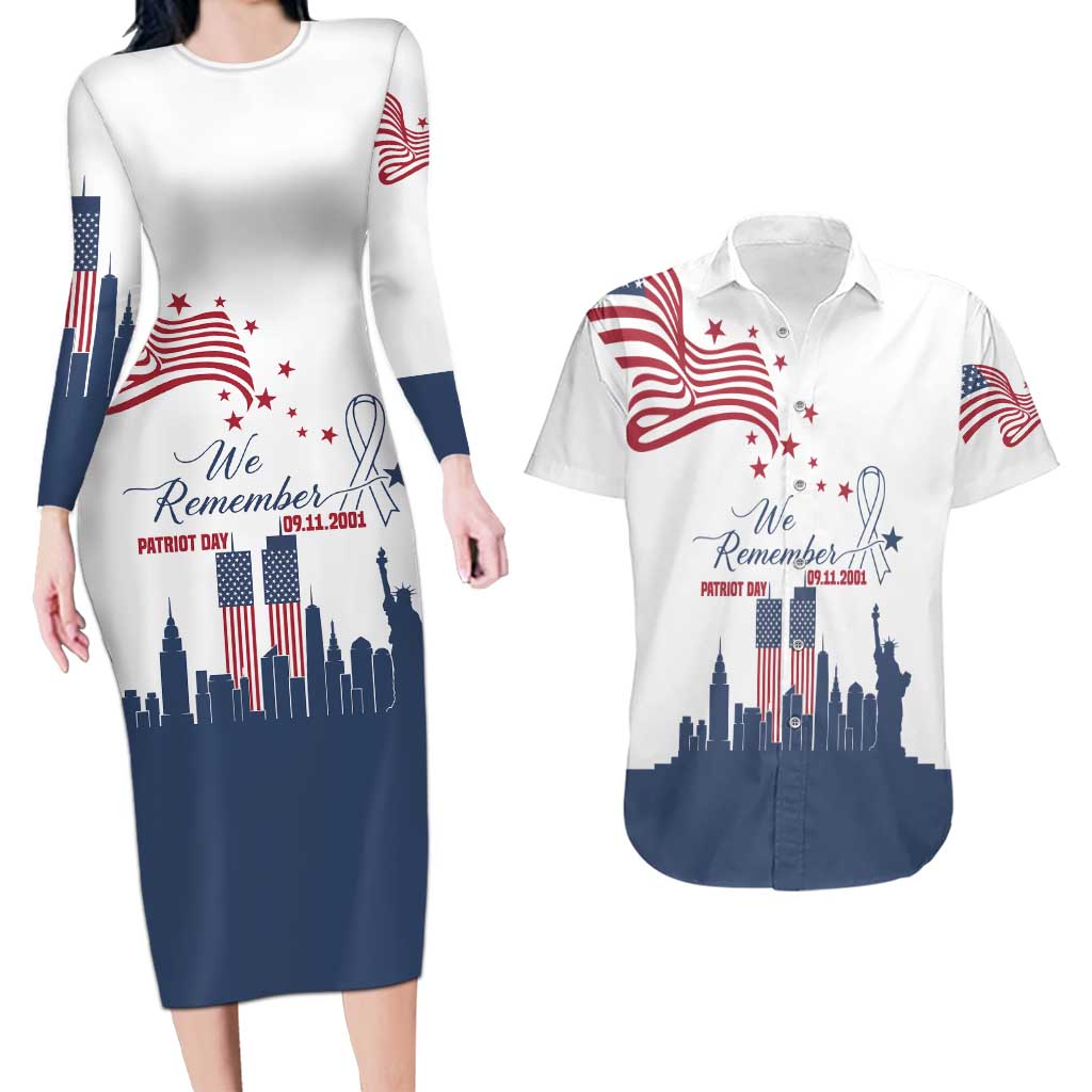 Patriot Day 911 Memorial Couples Matching Long Sleeve Bodycon Dress and Hawaiian Shirt American Flag and New York City Skyline Design - Wonder Print Shop