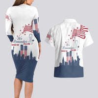 Patriot Day 911 Memorial Couples Matching Long Sleeve Bodycon Dress and Hawaiian Shirt American Flag and New York City Skyline Design - Wonder Print Shop