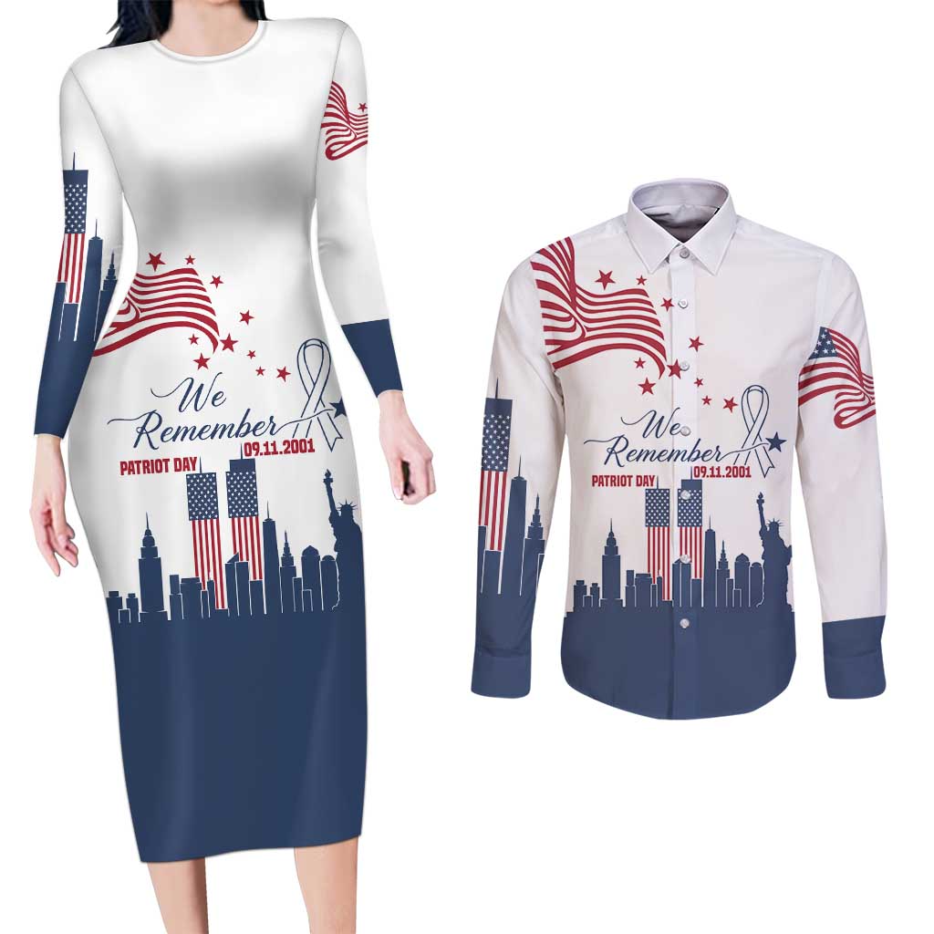 Patriot Day 911 Memorial Couples Matching Long Sleeve Bodycon Dress and Long Sleeve Button Shirt American Flag and New York City Skyline Design - Wonder Print Shop
