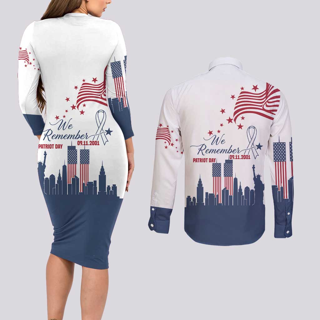 Patriot Day 911 Memorial Couples Matching Long Sleeve Bodycon Dress and Long Sleeve Button Shirt American Flag and New York City Skyline Design - Wonder Print Shop