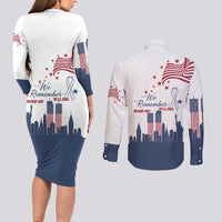 Patriot Day 911 Memorial Couples Matching Long Sleeve Bodycon Dress and Long Sleeve Button Shirt American Flag and New York City Skyline Design - Wonder Print Shop