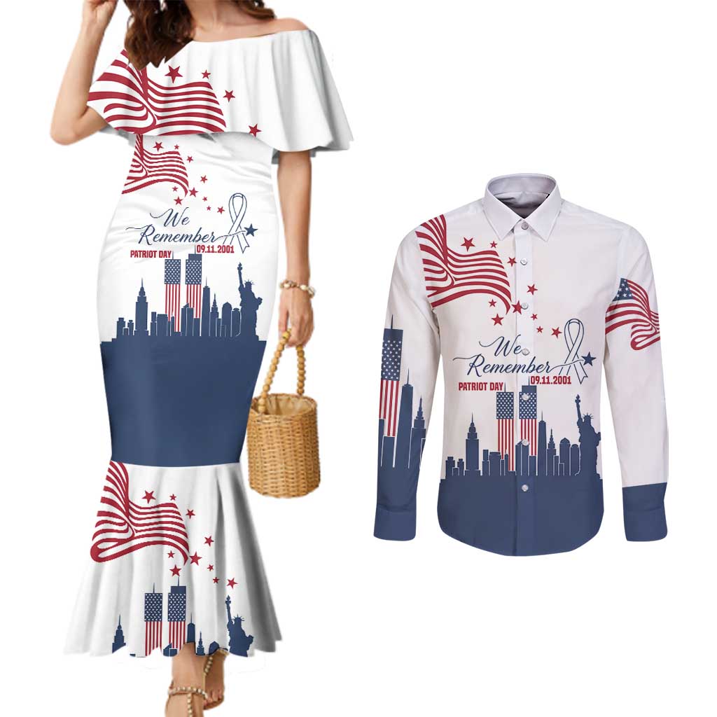 Patriot Day 911 Memorial Couples Matching Mermaid Dress and Long Sleeve Button Shirt American Flag and New York City Skyline Design - Wonder Print Shop