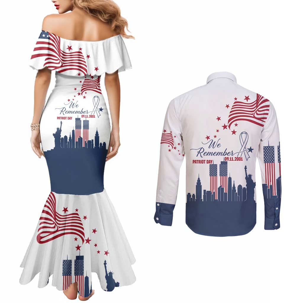 Patriot Day 911 Memorial Couples Matching Mermaid Dress and Long Sleeve Button Shirt American Flag and New York City Skyline Design - Wonder Print Shop