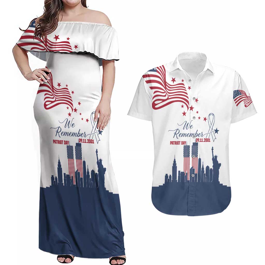 Patriot Day 911 Memorial Couples Matching Off Shoulder Maxi Dress and Hawaiian Shirt American Flag and New York City Skyline Design - Wonder Print Shop