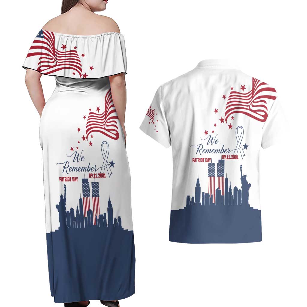 Patriot Day 911 Memorial Couples Matching Off Shoulder Maxi Dress and Hawaiian Shirt American Flag and New York City Skyline Design - Wonder Print Shop