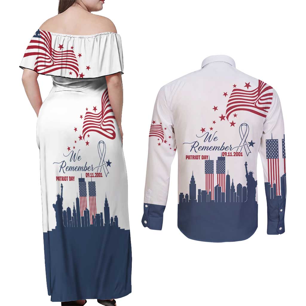 Patriot Day 911 Memorial Couples Matching Off Shoulder Maxi Dress and Long Sleeve Button Shirt American Flag and New York City Skyline Design - Wonder Print Shop