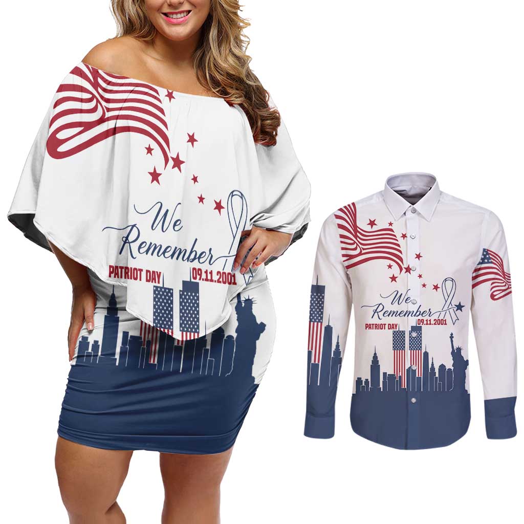 Patriot Day 911 Memorial Couples Matching Off Shoulder Short Dress and Long Sleeve Button Shirt American Flag and New York City Skyline Design - Wonder Print Shop