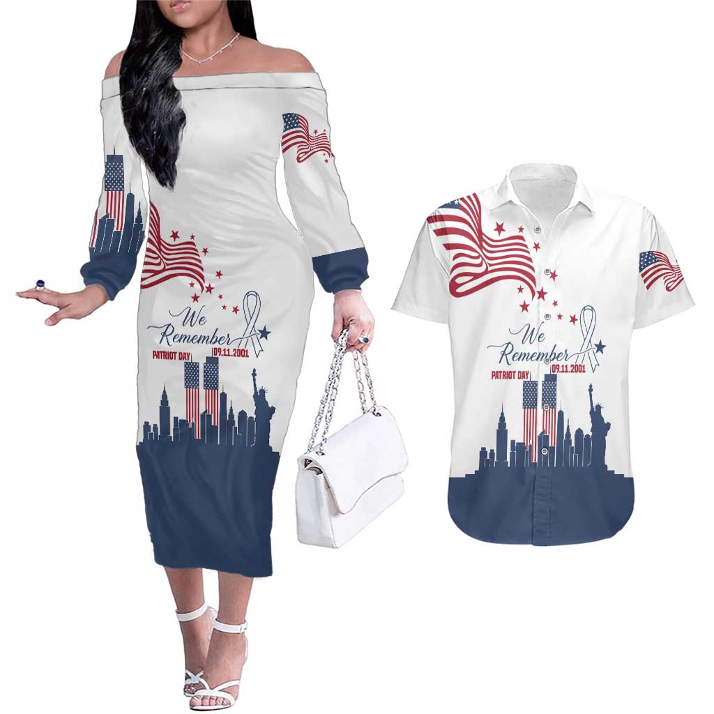 Patriot Day 911 Memorial Couples Matching Off The Shoulder Long Sleeve Dress and Hawaiian Shirt American Flag and New York City Skyline Design - Wonder Print Shop