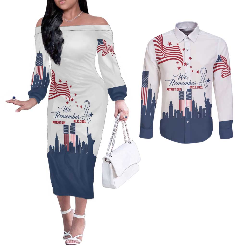 Patriot Day 911 Memorial Couples Matching Off The Shoulder Long Sleeve Dress and Long Sleeve Button Shirt American Flag and New York City Skyline Design - Wonder Print Shop