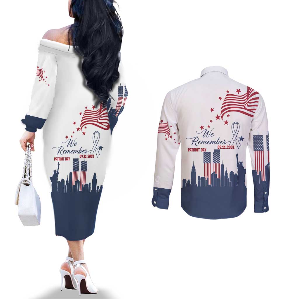 Patriot Day 911 Memorial Couples Matching Off The Shoulder Long Sleeve Dress and Long Sleeve Button Shirt American Flag and New York City Skyline Design - Wonder Print Shop