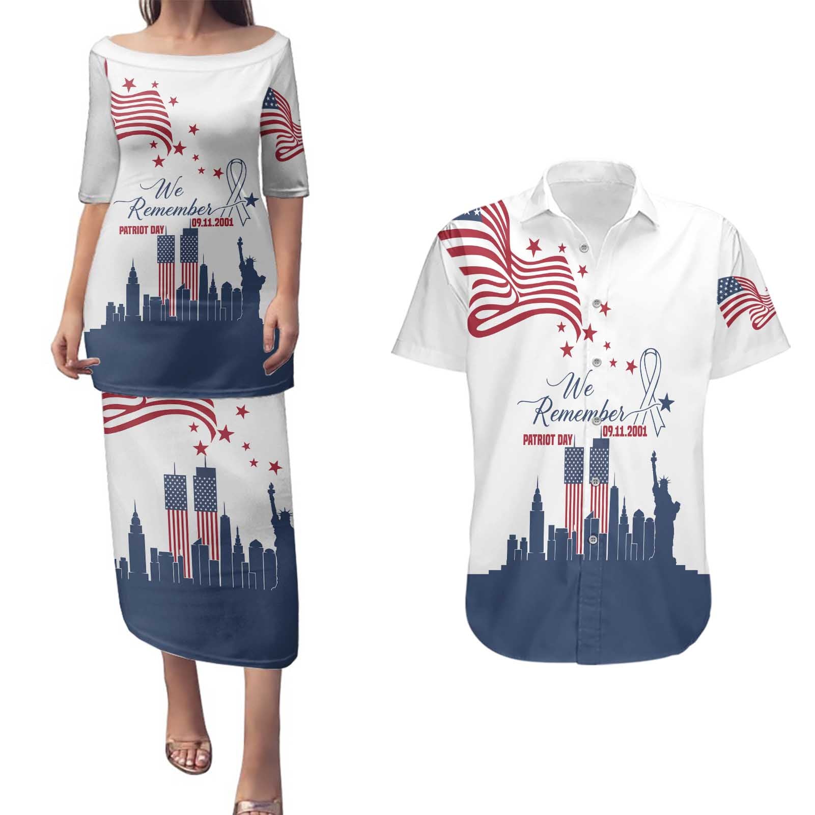 Patriot Day 911 Memorial Couples Matching Puletasi and Hawaiian Shirt American Flag and New York City Skyline Design - Wonder Print Shop