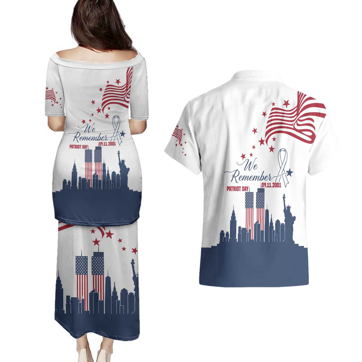Patriot Day 911 Memorial Couples Matching Puletasi and Hawaiian Shirt American Flag and New York City Skyline Design - Wonder Print Shop