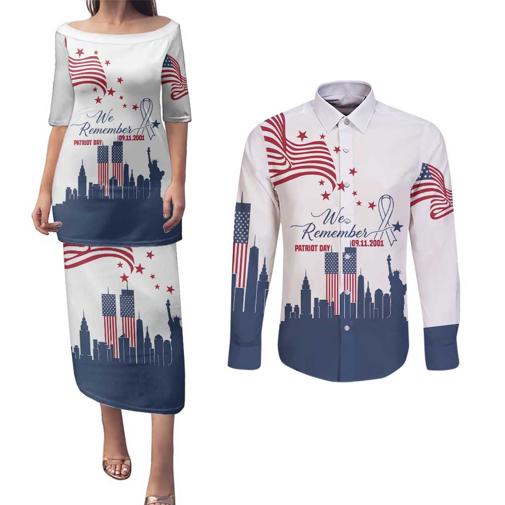 Patriot Day 911 Memorial Couples Matching Puletasi and Long Sleeve Button Shirt American Flag and New York City Skyline Design - Wonder Print Shop