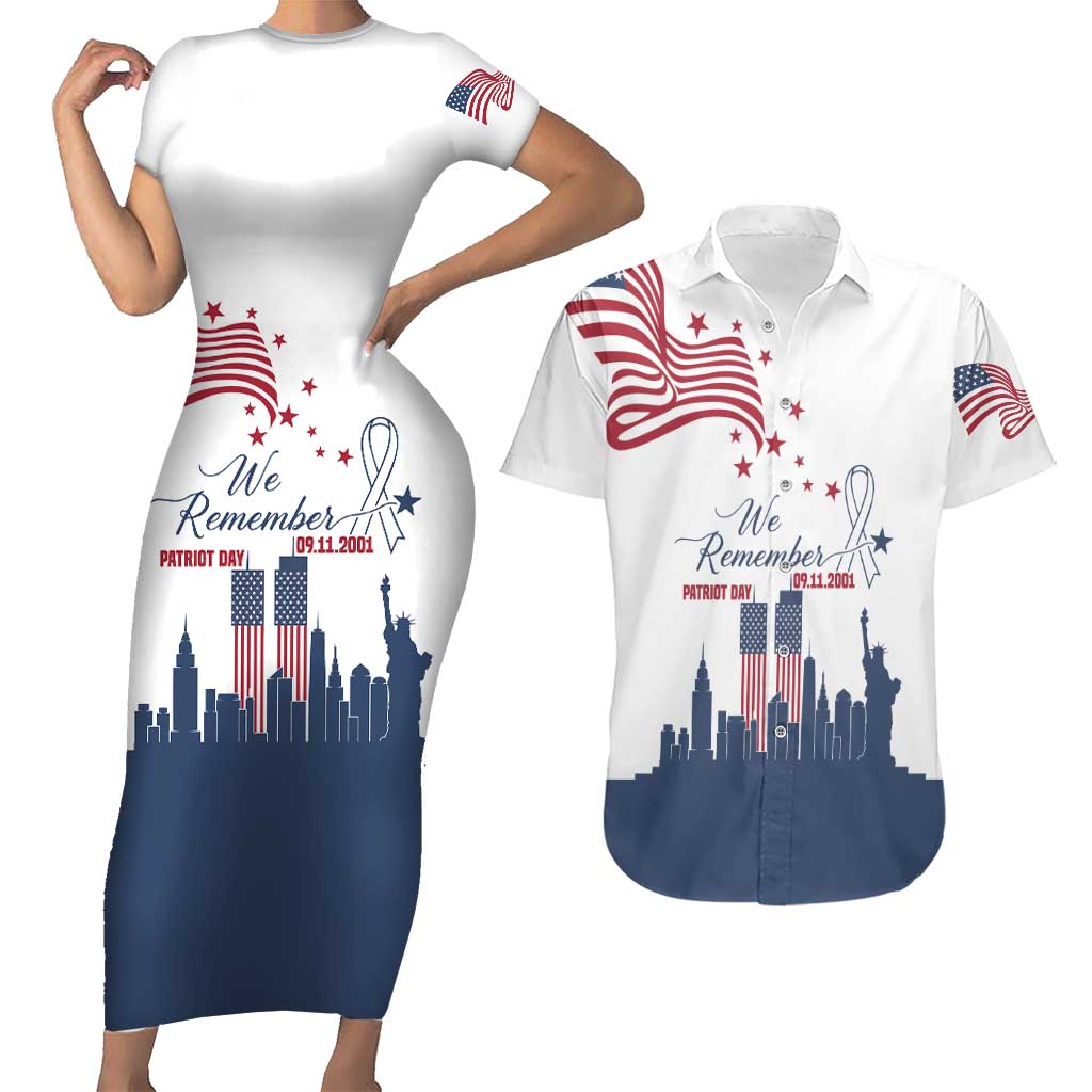 Patriot Day 911 Memorial Couples Matching Short Sleeve Bodycon Dress and Hawaiian Shirt American Flag and New York City Skyline Design - Wonder Print Shop