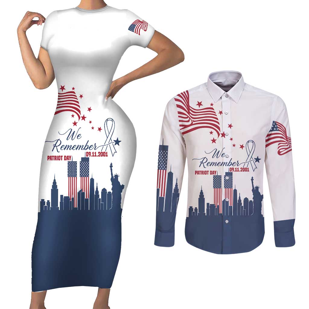 Patriot Day 911 Memorial Couples Matching Short Sleeve Bodycon Dress and Long Sleeve Button Shirt American Flag and New York City Skyline Design - Wonder Print Shop