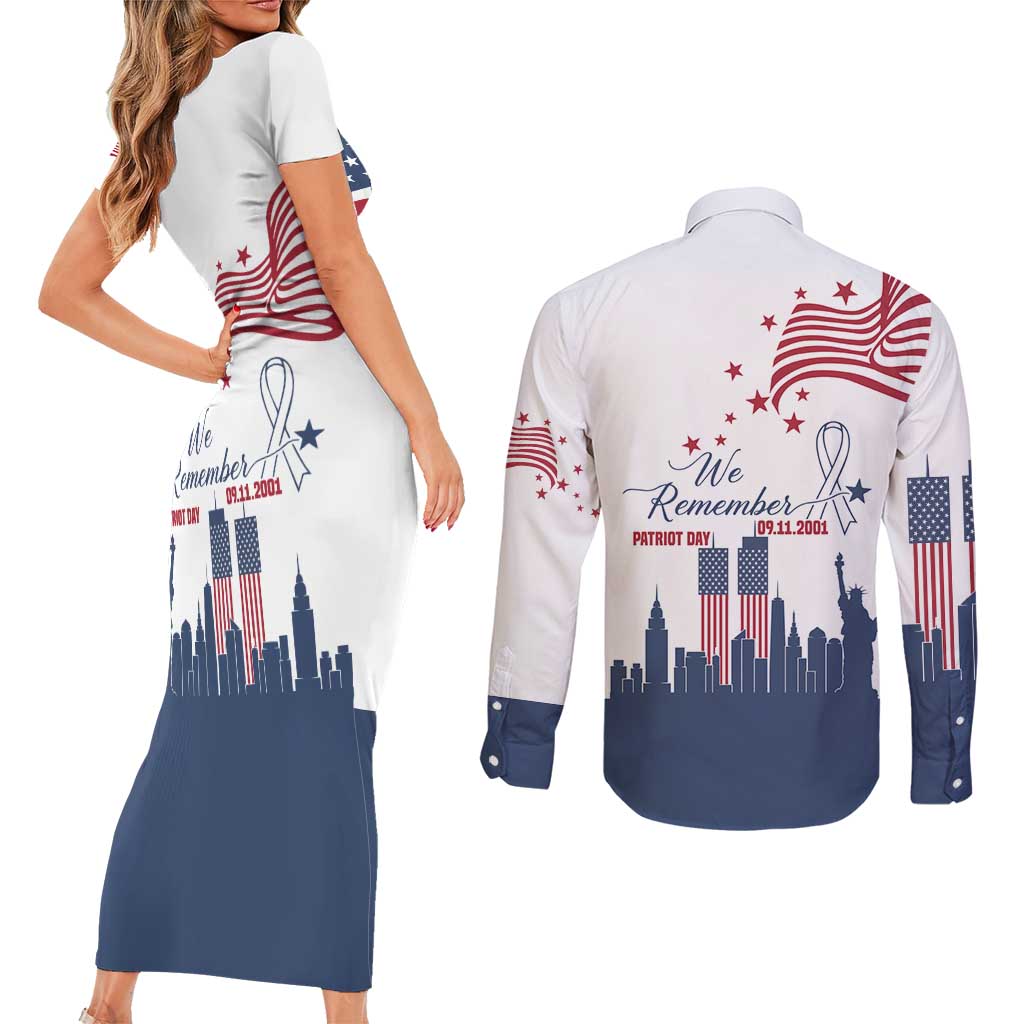 Patriot Day 911 Memorial Couples Matching Short Sleeve Bodycon Dress and Long Sleeve Button Shirt American Flag and New York City Skyline Design - Wonder Print Shop