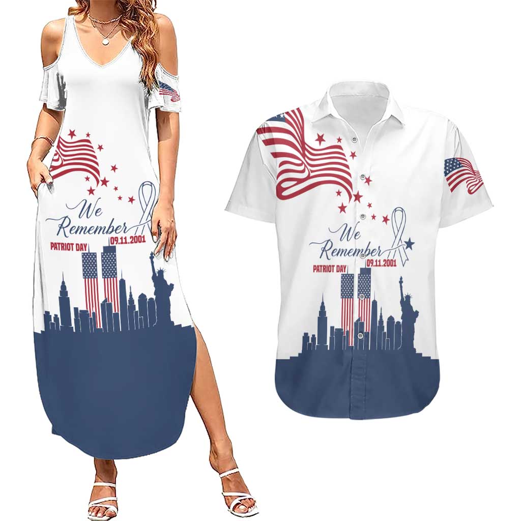 Patriot Day 911 Memorial Couples Matching Summer Maxi Dress and Hawaiian Shirt American Flag and New York City Skyline Design - Wonder Print Shop