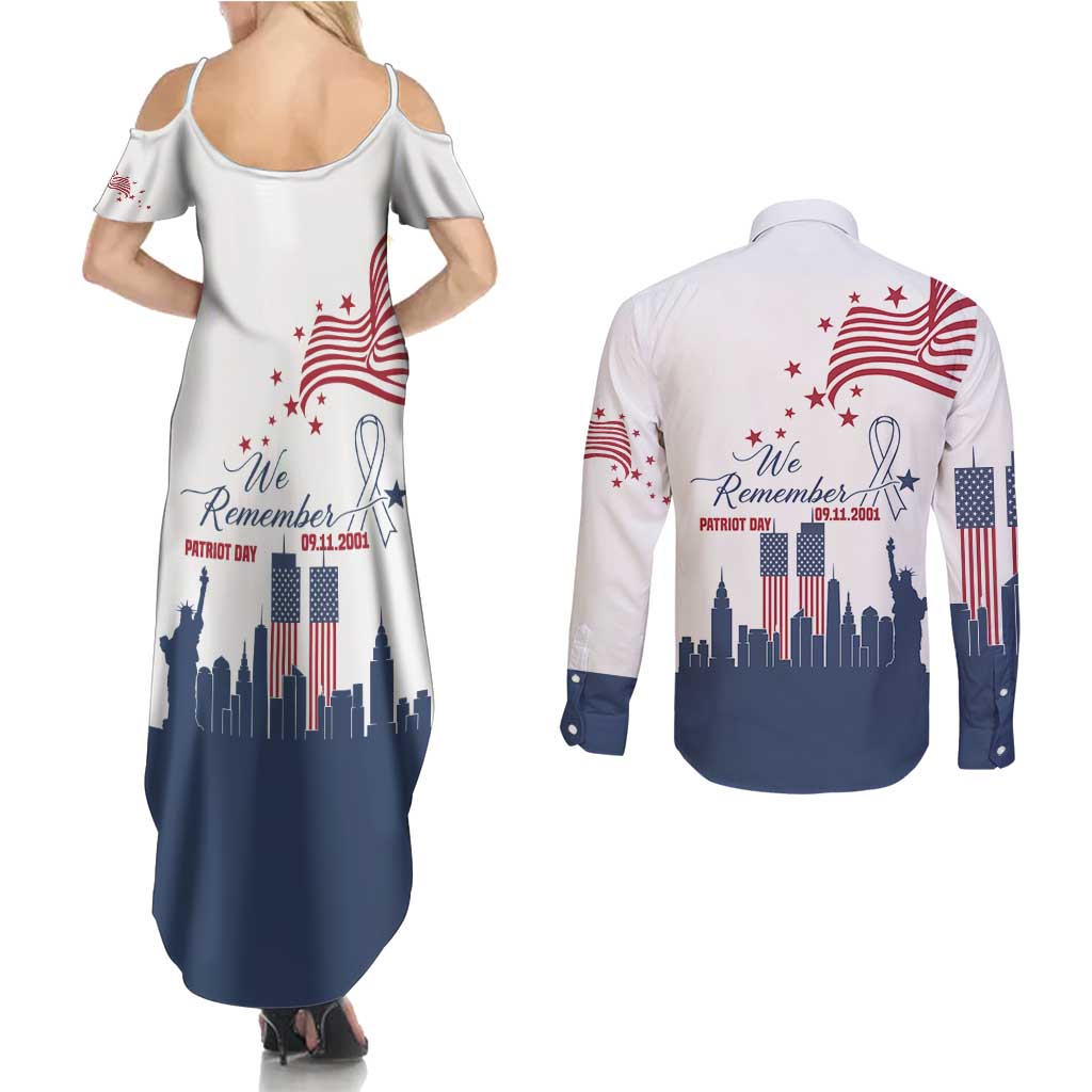 Patriot Day 911 Memorial Couples Matching Summer Maxi Dress and Long Sleeve Button Shirt American Flag and New York City Skyline Design - Wonder Print Shop