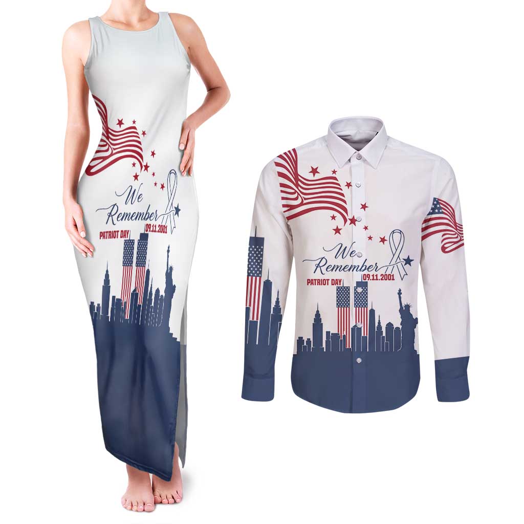 Patriot Day 911 Memorial Couples Matching Tank Maxi Dress and Long Sleeve Button Shirt American Flag and New York City Skyline Design - Wonder Print Shop