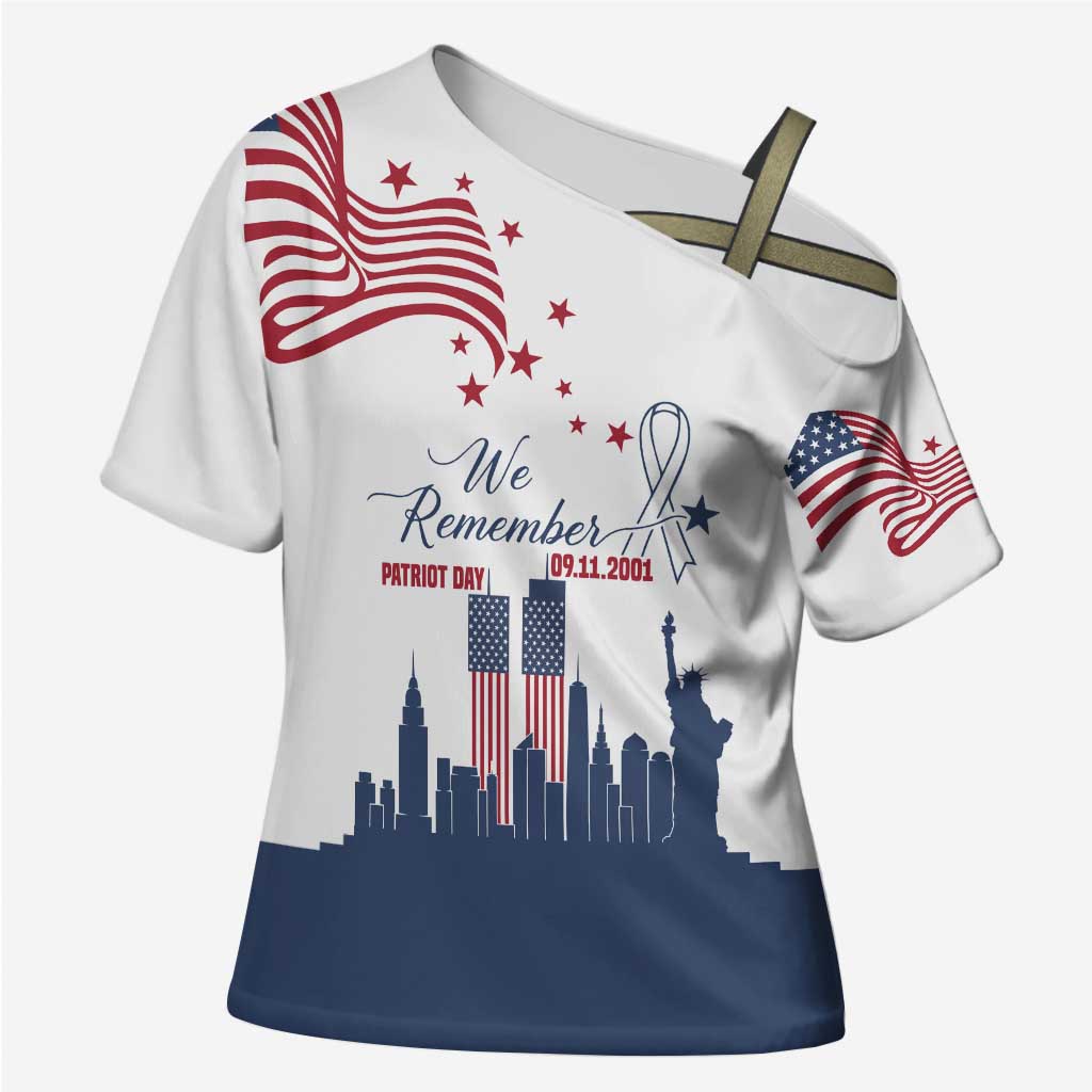 Patriot Day 911 Memorial Cross Shoulder Shirt American Flag and New York City Skyline Design - Wonder Print Shop