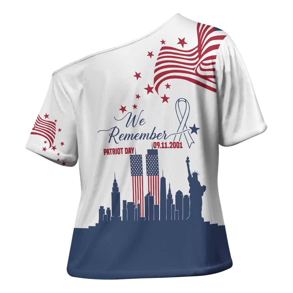 Patriot Day 911 Memorial Cross Shoulder Shirt American Flag and New York City Skyline Design - Wonder Print Shop