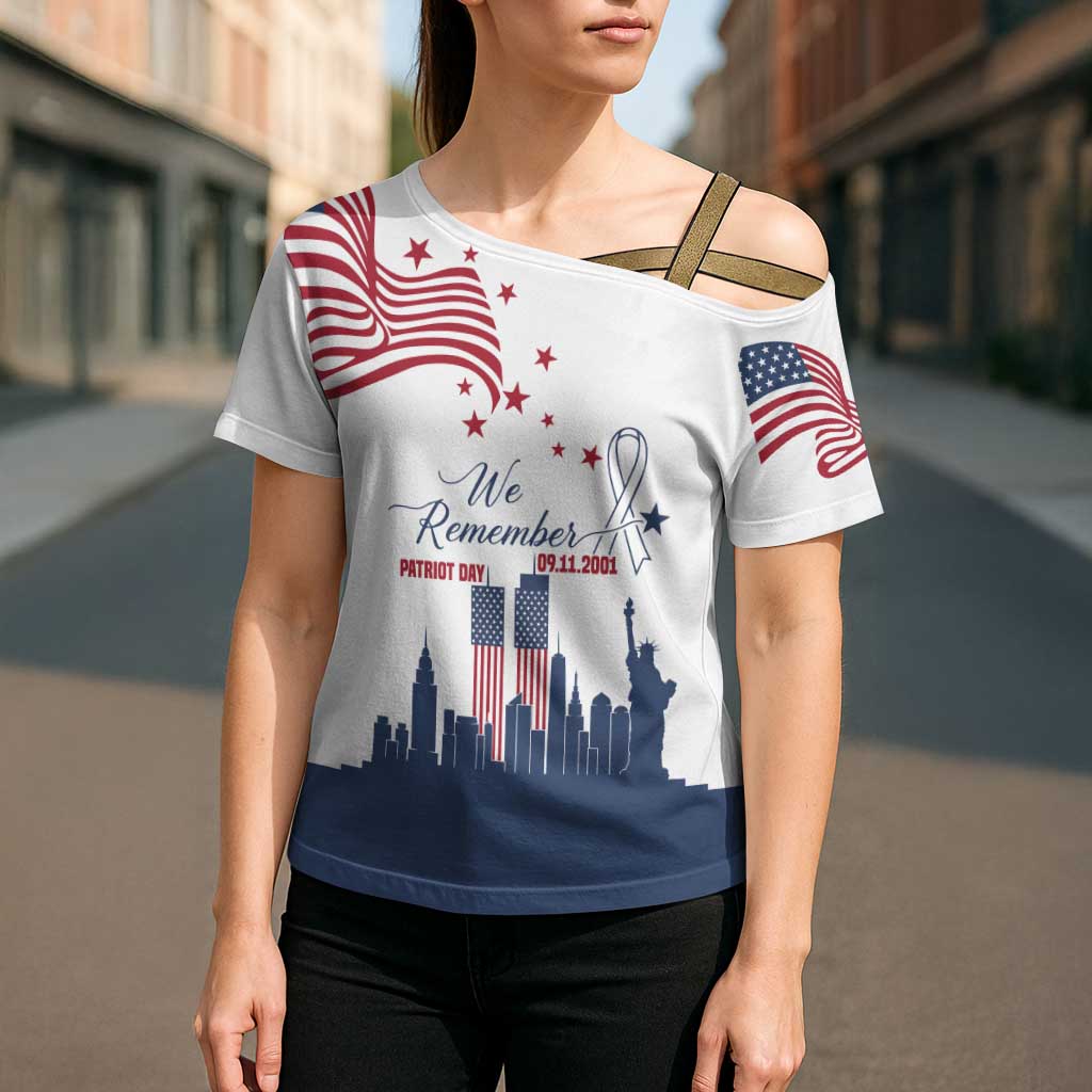 Patriot Day 911 Memorial Cross Shoulder Shirt American Flag and New York City Skyline Design - Wonder Print Shop