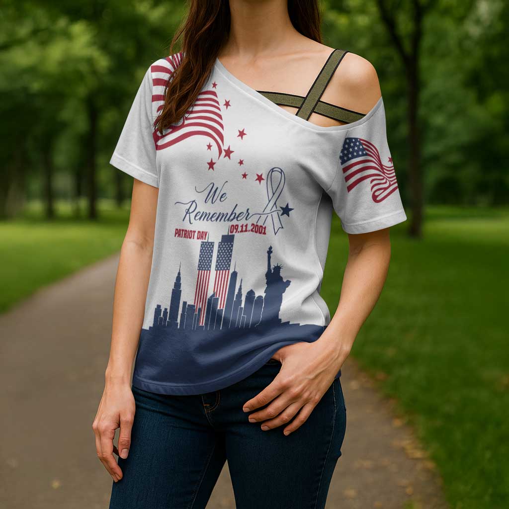 Patriot Day 911 Memorial Cross Shoulder Shirt American Flag and New York City Skyline Design - Wonder Print Shop
