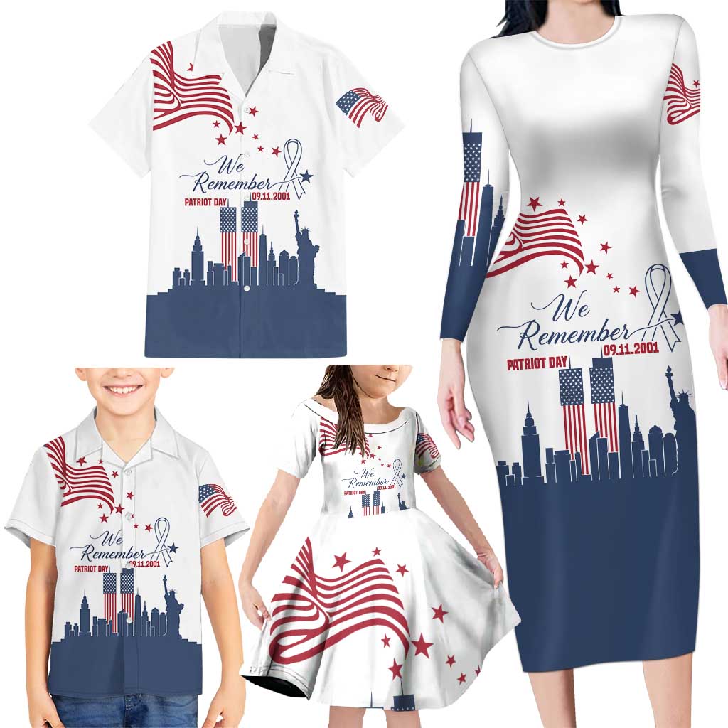 Patriot Day 911 Memorial Family Matching Long Sleeve Bodycon Dress and Hawaiian Shirt American Flag and New York City Skyline Design - Wonder Print Shop