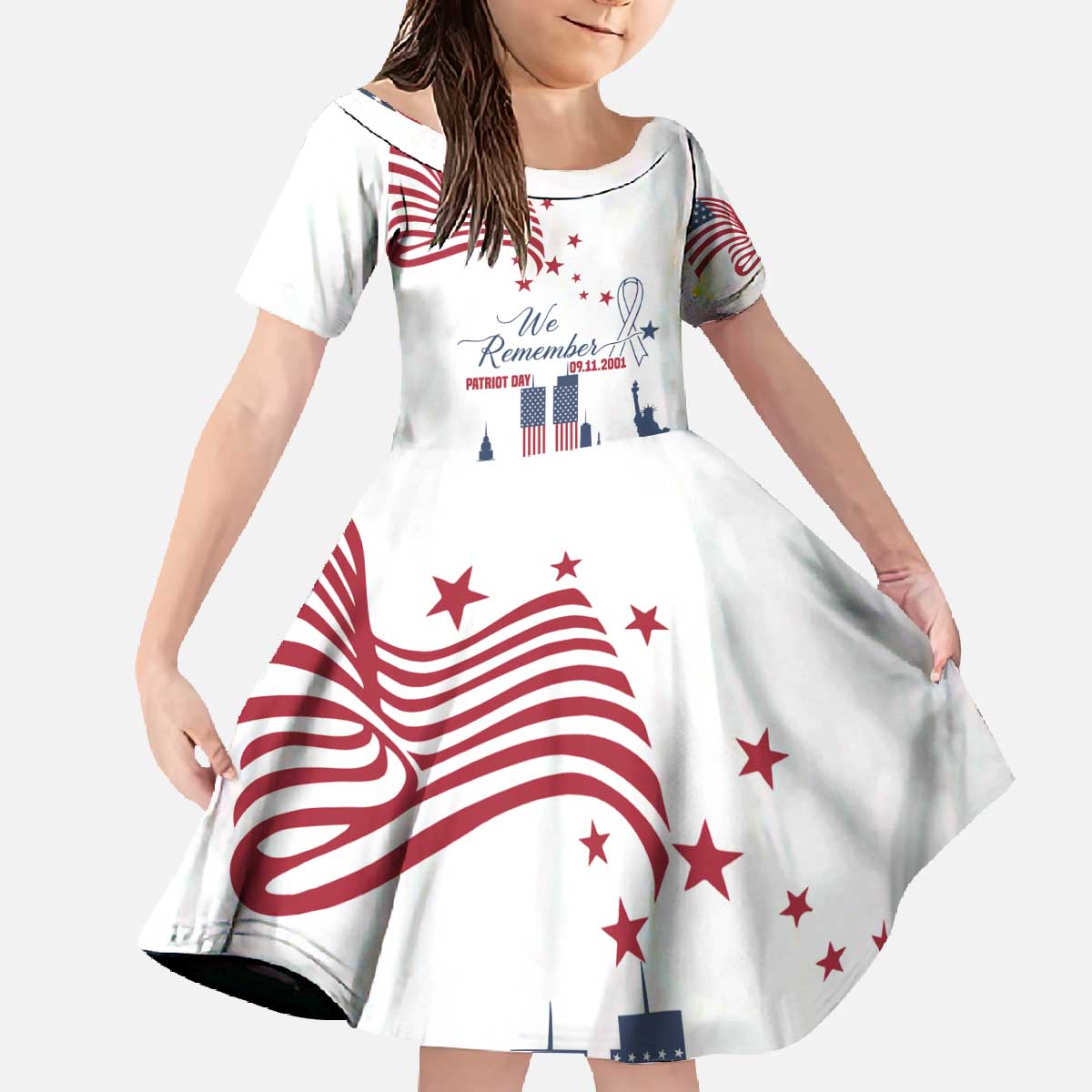 Patriot Day 911 Memorial Family Matching Off The Shoulder Long Sleeve Dress and Hawaiian Shirt American Flag and New York City Skyline Design - Wonder Print Shop