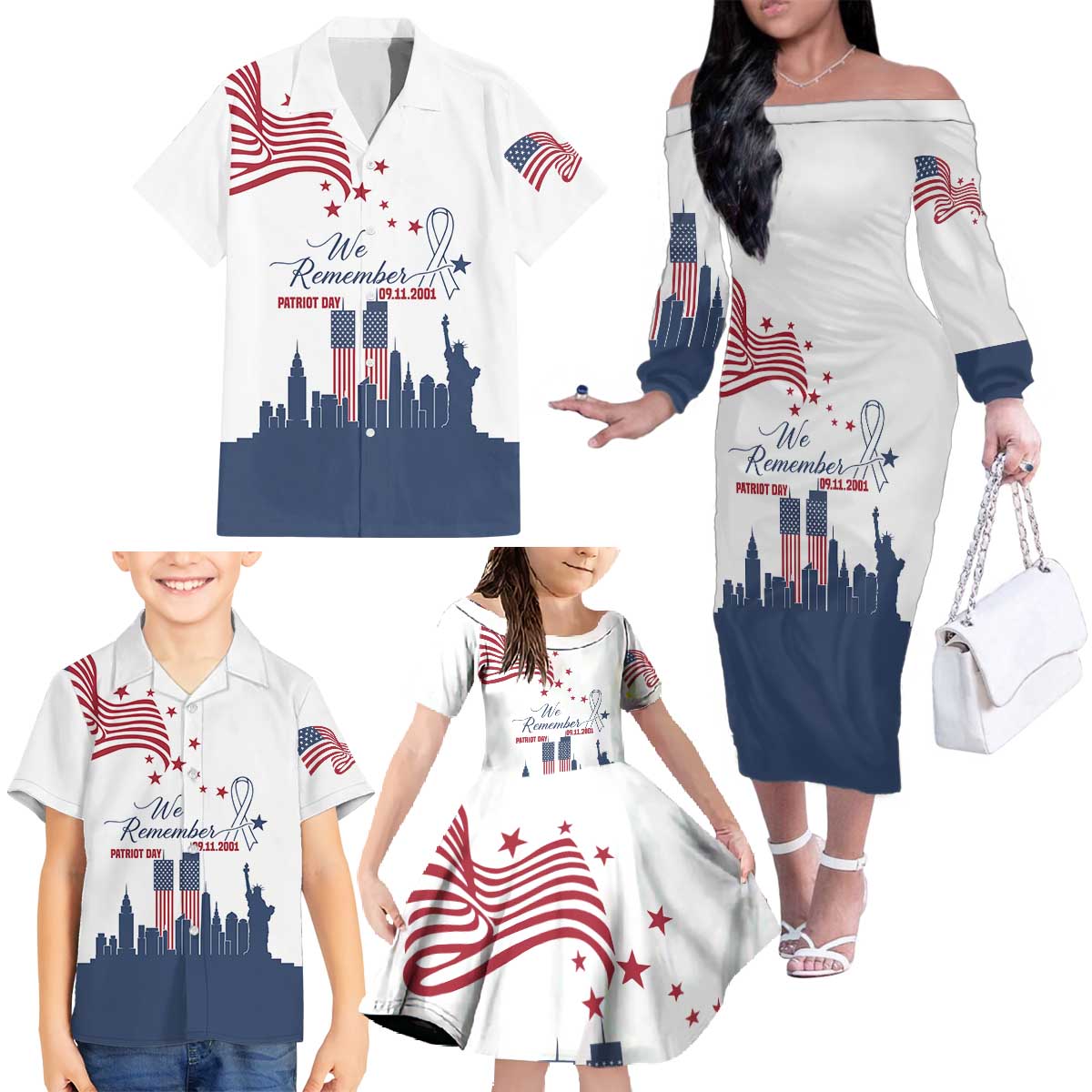 Patriot Day 911 Memorial Family Matching Off The Shoulder Long Sleeve Dress and Hawaiian Shirt American Flag and New York City Skyline Design - Wonder Print Shop